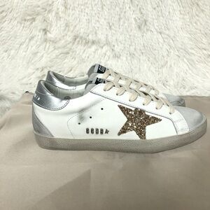 Golden Goose Women's Beige and Gold Glitter Star Sneakers